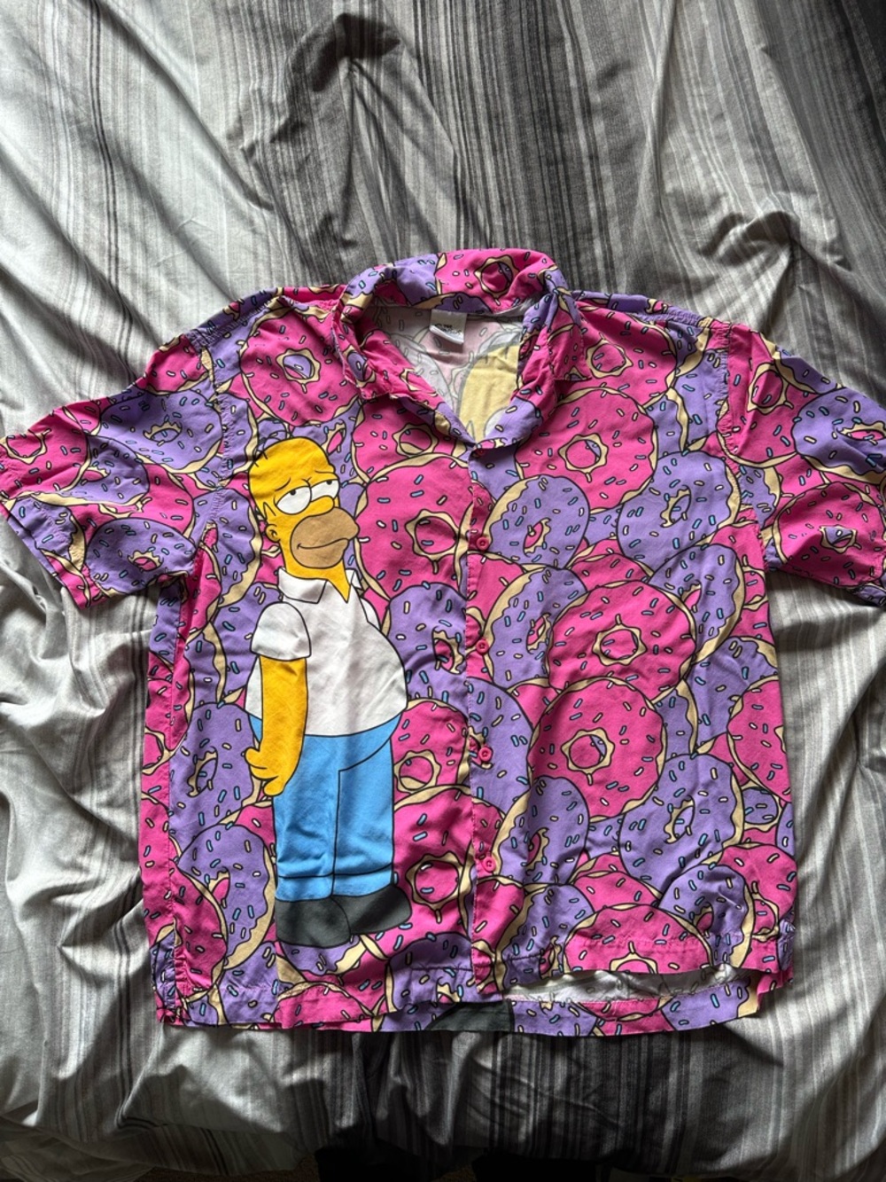 Homer Donut Print Short Sleeve Button-Down Shirt - Pink & Purple